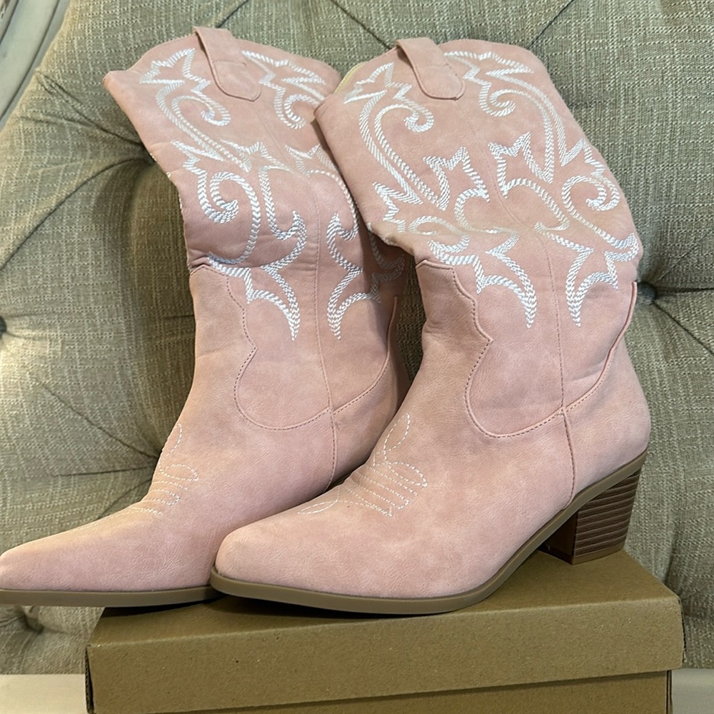 Pink suede cowgirl boots